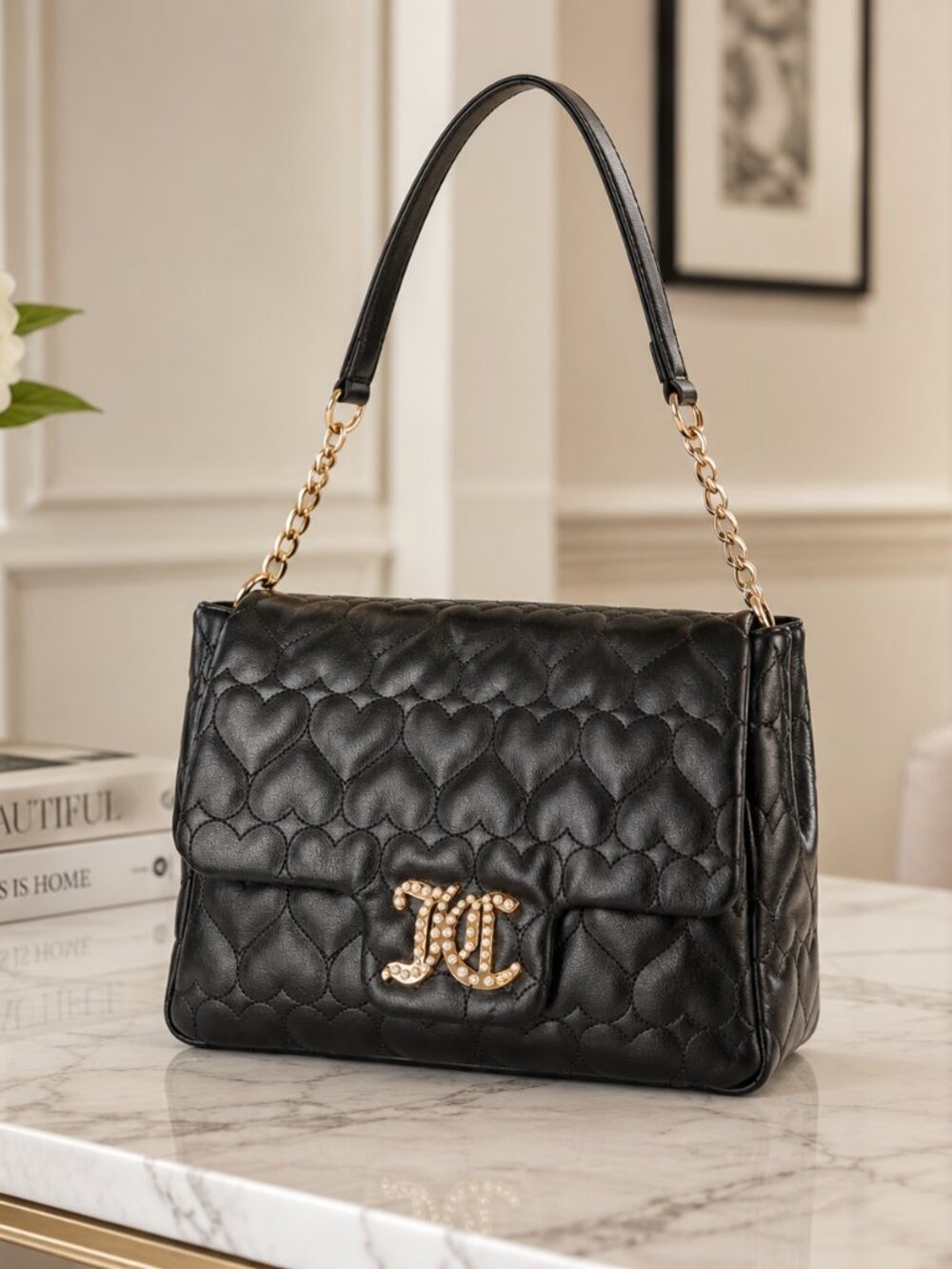 Juicy Couture Black Heart Quilted Shoulder Bag Rhinestone JC Logo NWT